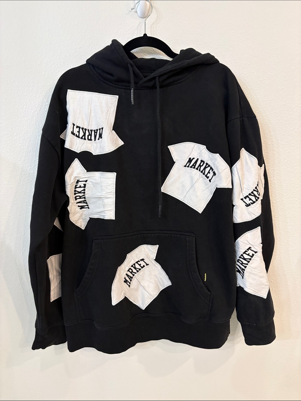 Black Hoodie Sweater with White 'Market' Patch Accents by Market